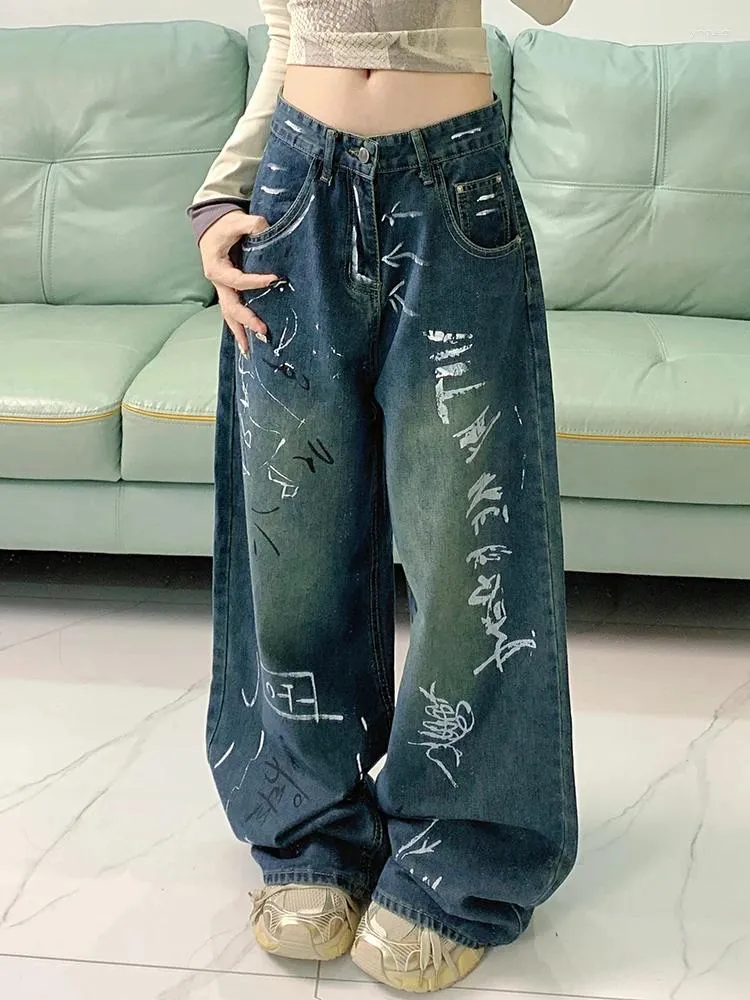 Jeans pour femmes UETEEY Femme Denim Pantalon Chic Mop Peint Y2K Lavé High Streets Wide Leg Losse Mode Pantalon pleine longueur