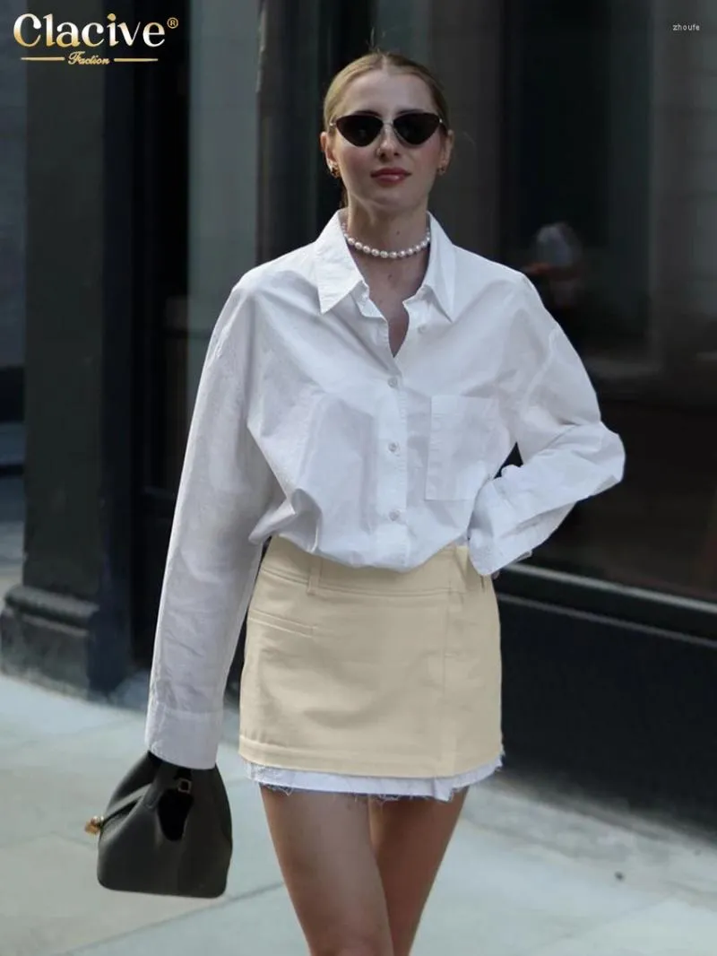 Vestidos de trabalho Clacive Moda Solta Escritório Branco 2 Peça Define Mulheres Outfit Elegante Blusa de Manga Longa Com Cintura Alta Mini Saias Conjunto Feminino