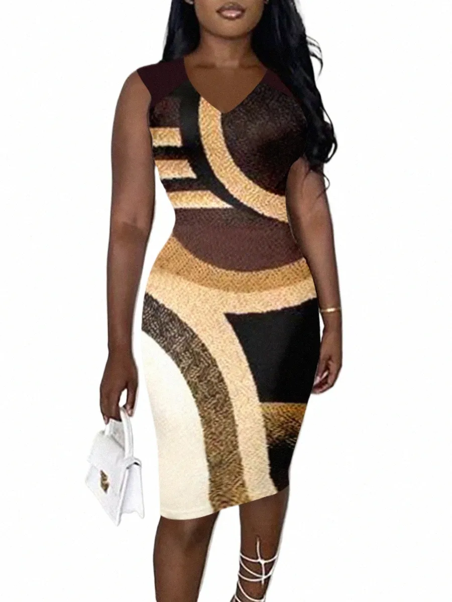 lw Elegant Brown Dres Female Vestidos Geometric Print Patchwork Bodyc Dr V Neck Sleevel Color Block Wrapped Skirt 38Xi#