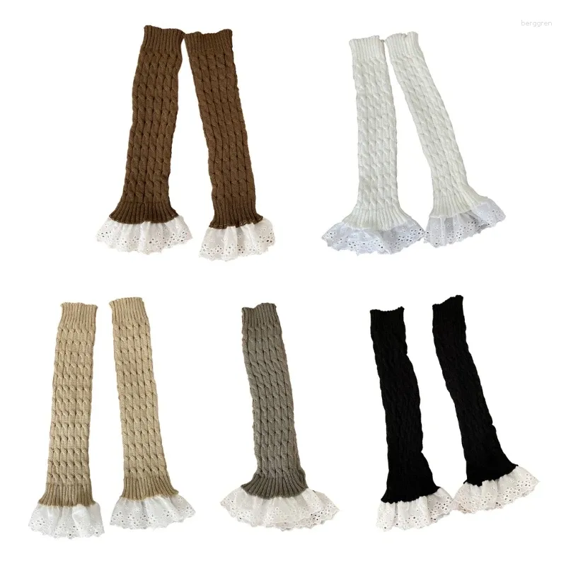 Women Socks Ruffled Lace Hem Leg Cover Long Twist Cable Knit Slouch Warmer