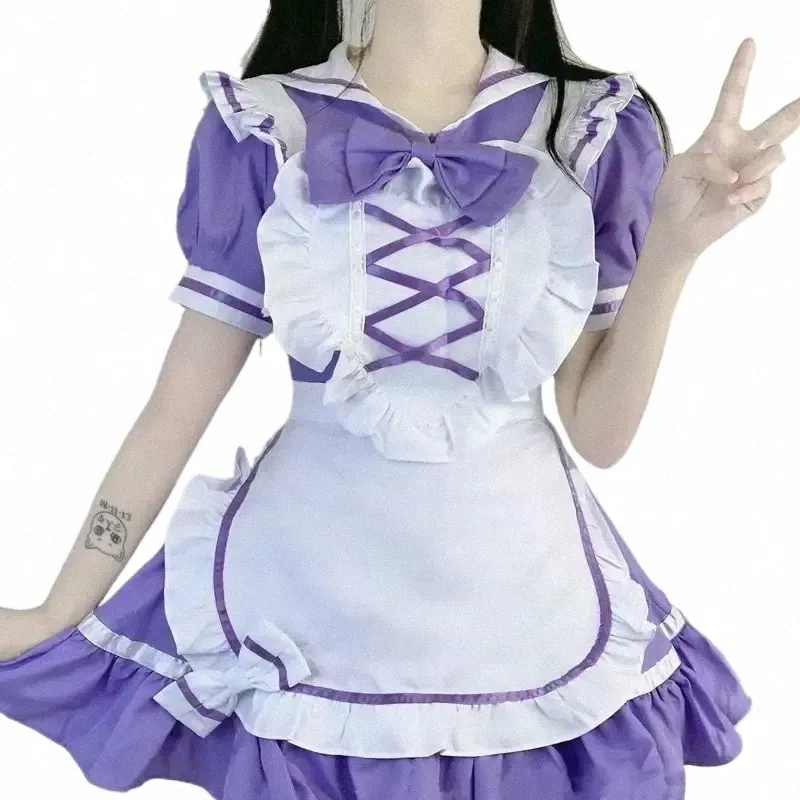 日本のロリータパープルメイドコス博士ソフトガール女性プリンシスボウドレスカワイイコスプレコスチューム服l7kt＃