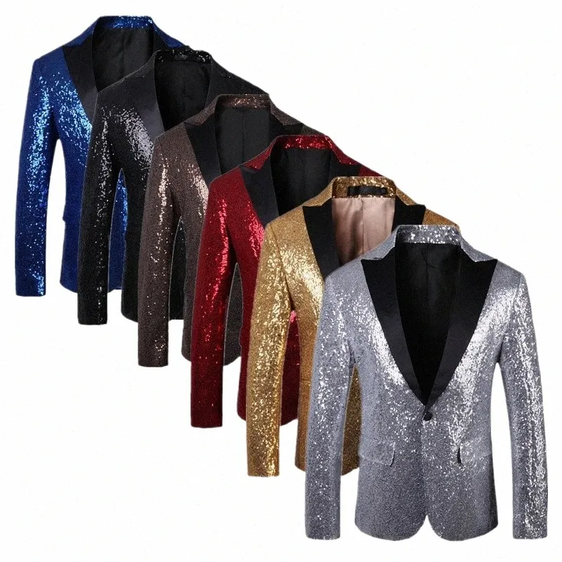 fi Giacca da uomo con paillettes Nero / Oro / Rosso da uomo di lusso monopetto da ballo di fine anno Dr Blazer Cappotti T1PS #