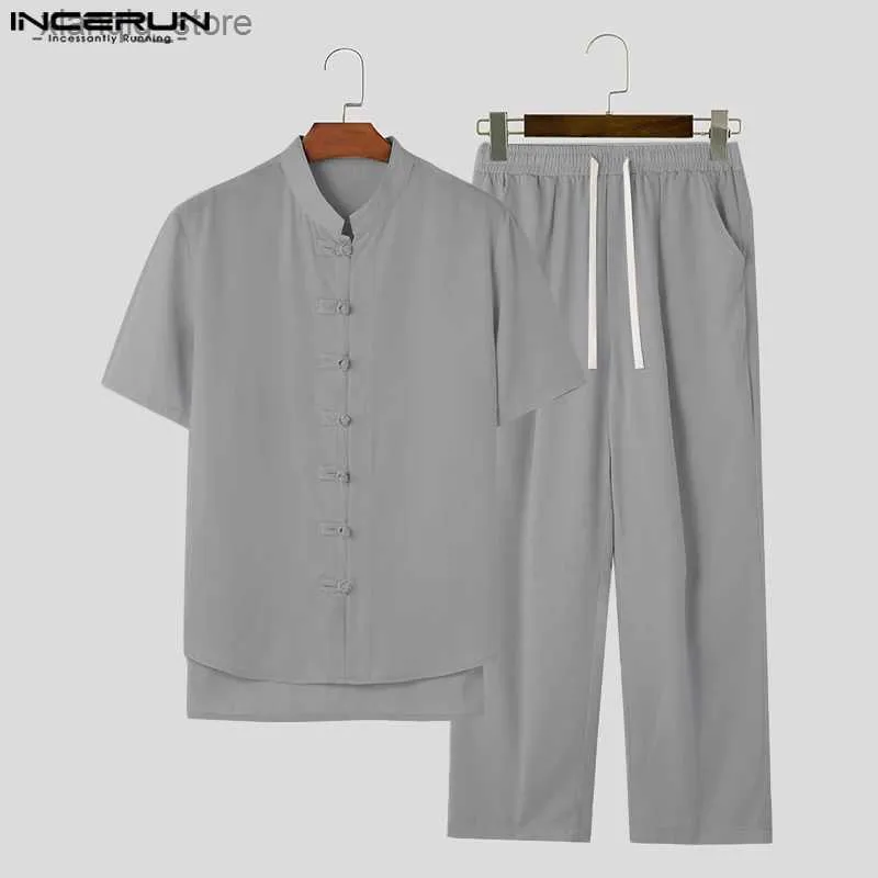 Men's T-Shirts 2023 Men Sets Solid Vintage Stand Collar Short Sleeve Shirt Pants 2PCS Retro Chinese Style Mens Casual Suits S-5XL24328