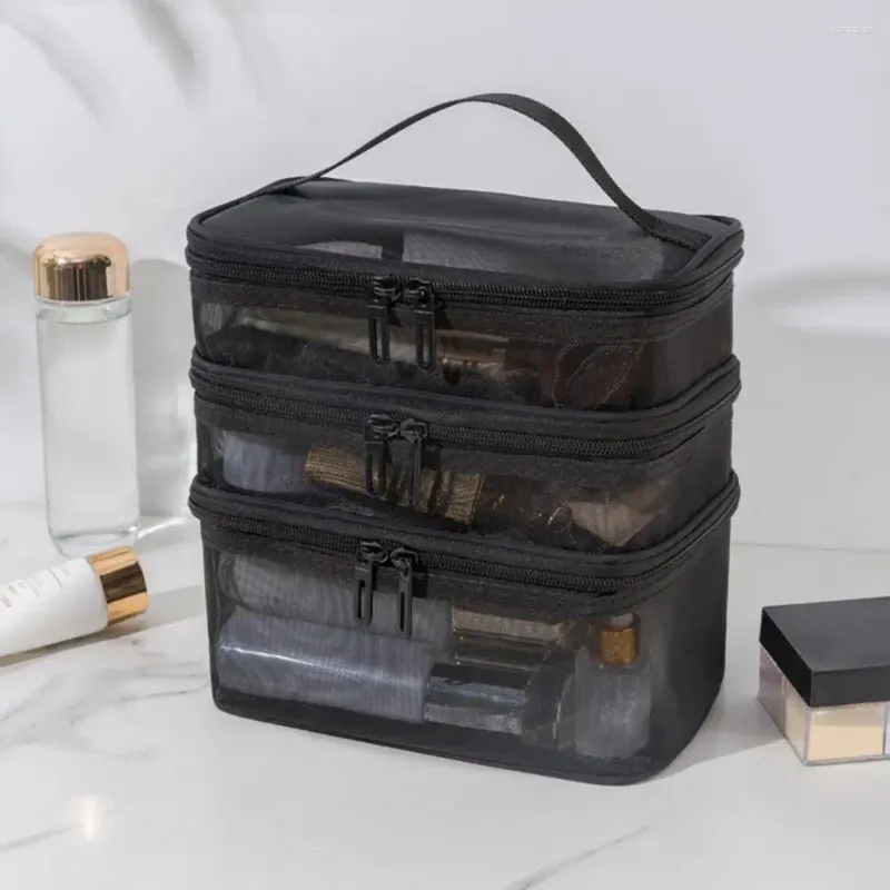 أكياس التخزين شبكة تجميلية كيس متعدد الطبقات مرئية مع مقبض حاوية حقيبة اليد المصنفة منظمة رحلة السفر