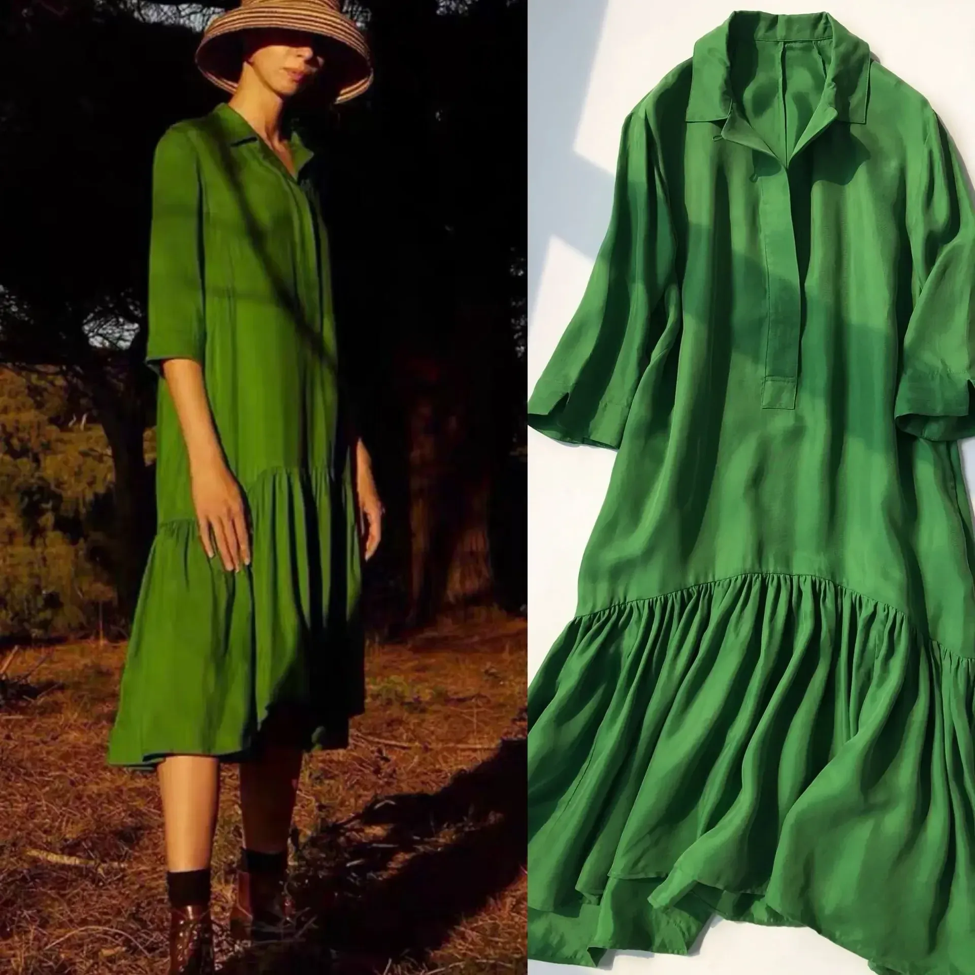 Vestido feminino retrô com pintura a óleo verde, decote em v, deslumbrante e atraente, vestido solto de elastano de cobre esmeralda