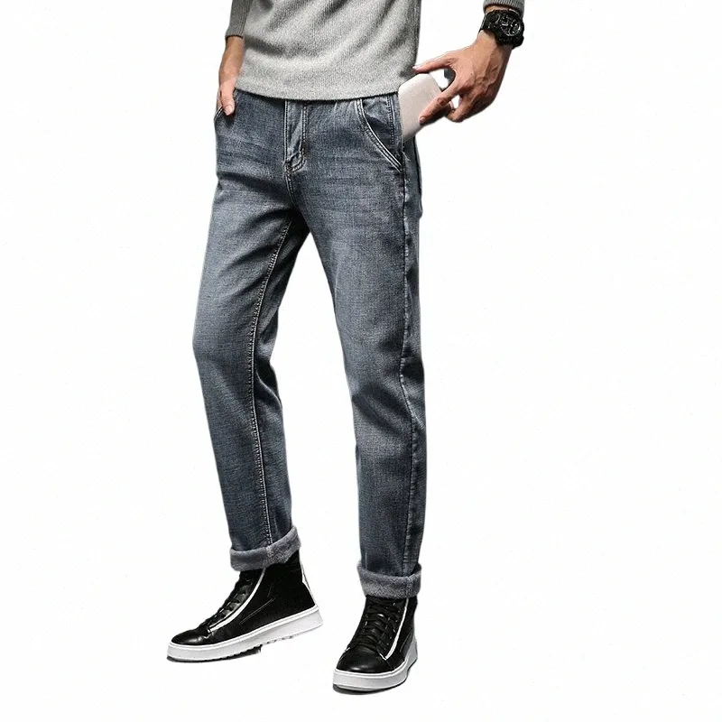 Anti-stöld blixtlåsdesign Men Winter Warm Jeans Gray Blue High Quality Cott Slim-Fit Stretch Denim Pants Mane Brand Trousers N6PD#