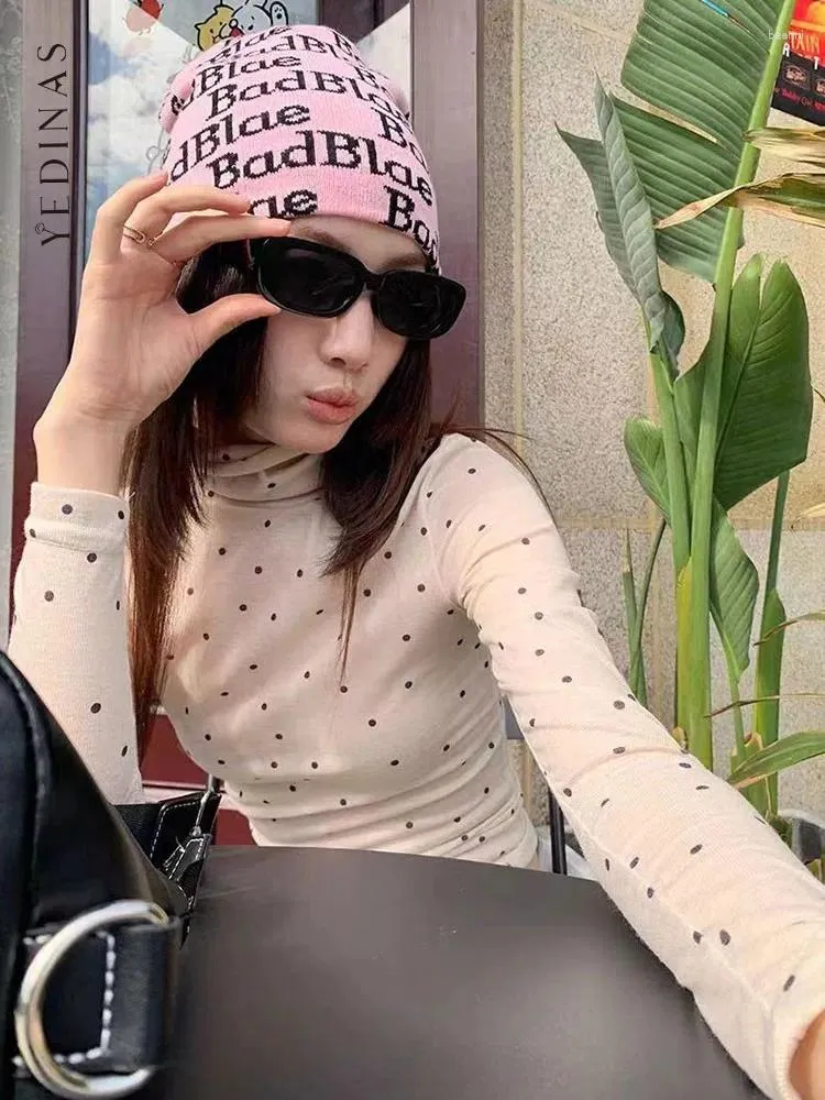 Camisetas para mujer Yedinas Polka Dot Camisa de cuello alto Ropa de mujer Moda coreana Manga larga Tops finos para mujer Primavera Slim Tee Femme Y2K