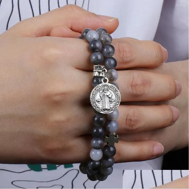 Perles Strand Diyalo Noir Gris Perles Élastique Chaîne Chaîne Bracelets Catholique Exorcisme Saint Benoît Croix Pendentif Bracelet Femmes Hommes J Dh2Ua