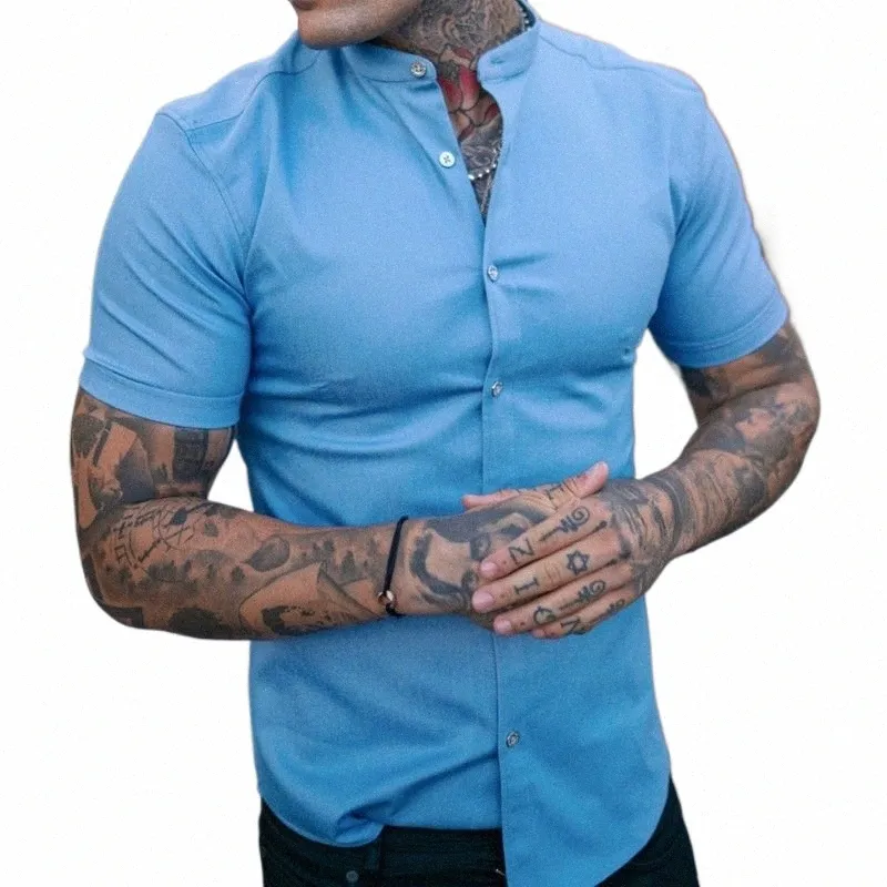 2023 New Trend Solid Color Stand Collar Shirt Men's Fi Casual Cardigan Short Sleeve Summer Muscle Men's Shirt f0eD#