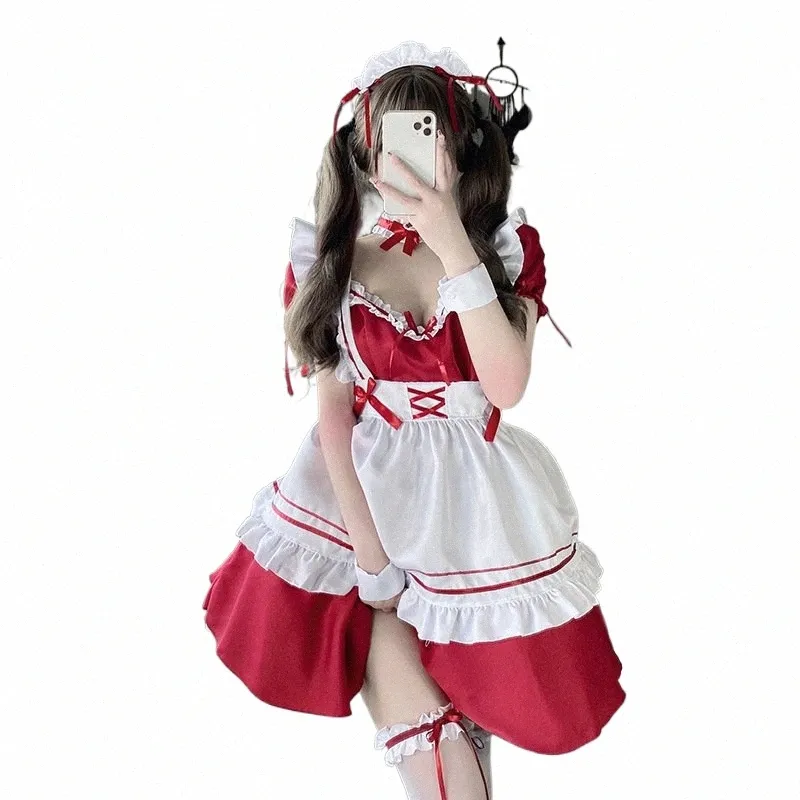 Femmes Halen Maid Outfit Cosplay Costume Noël Fille Mignon Ludique Lolita Sexy Dr Apr Hairband Accories Set e0EE #