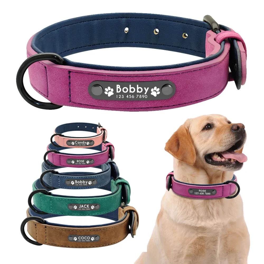 Embossing Personalized Dog Collar Custom Leather Dog Collars Inner Padded Pet Id Collar for Small Medium Large Dogs Pitbull Bulldog