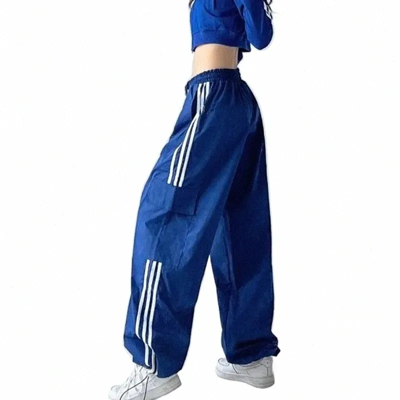 Pantaloni sportivi a righe mexzt Donna Hip Hop Streetwear Pantaloni larghi a gamba larga Pantaloni cargo Bf Y2K Pantaloni a vita alta con coulisse Pantaloni H81D #