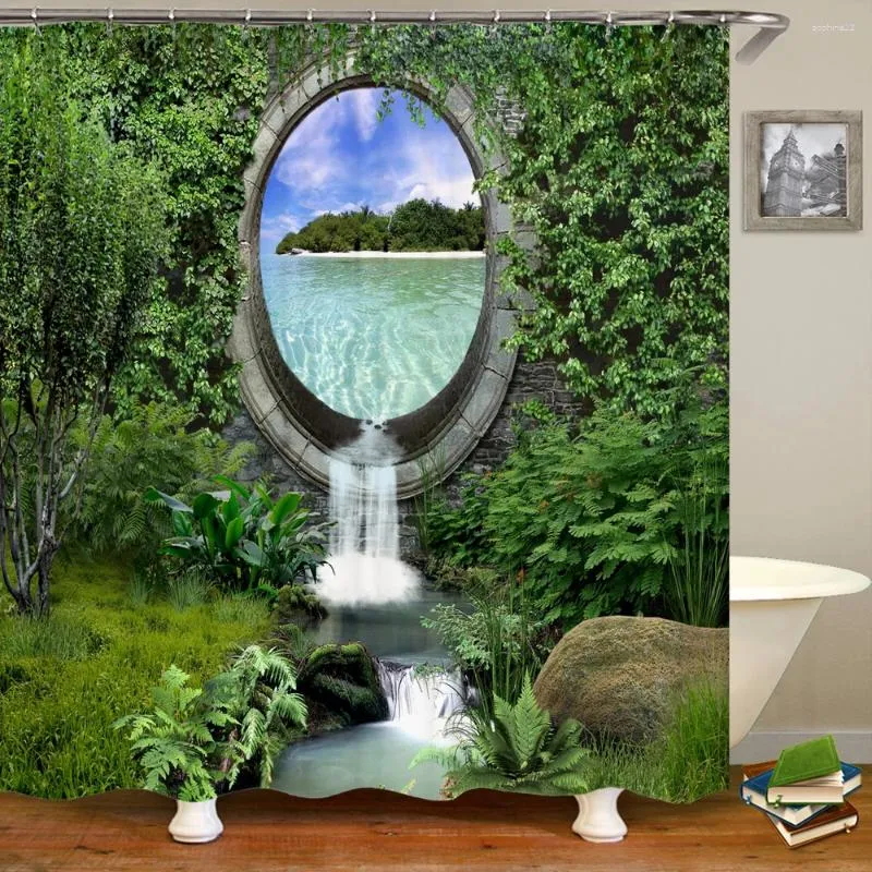 Rideaux de douche décoration de la maison rideau salle de bain forêt cascade paysage impression imperméable Polyester avec crochet 240x180