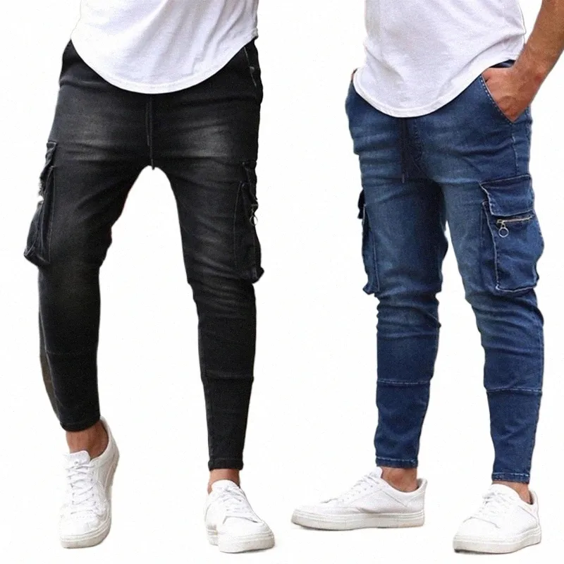 nuovi jeans da uomo pantaloni W tinta unita multi tasche denim a vita media jeans cargo plus size Fahsi pantaloni casual uomo abbigliamento quotidiano 48L3 #