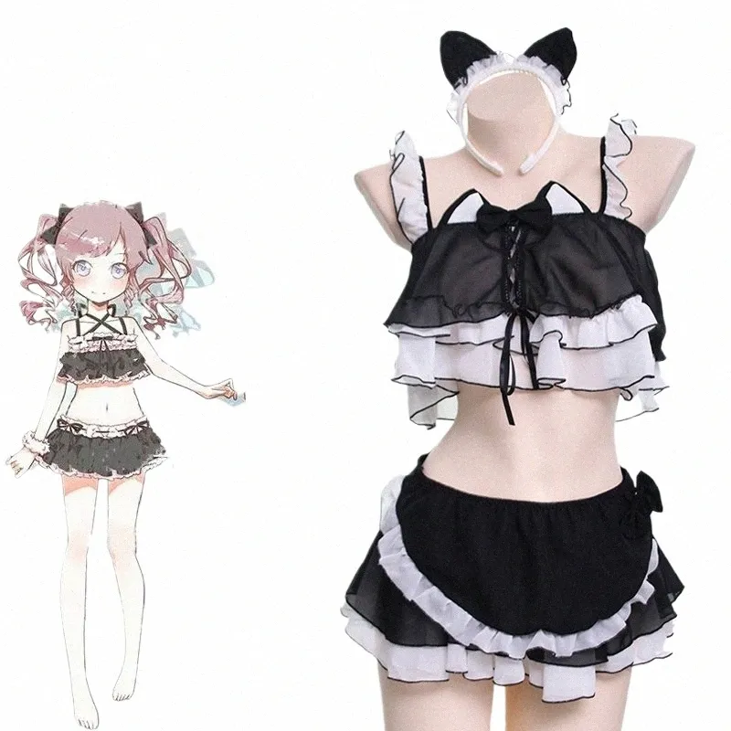 anilv Anime giapponese Lolita Cute Cat Maid Costume da bagno Costume Gatti Ragazza Costumi da bagno Uniforme Pool Party Cosplay p2Dc #