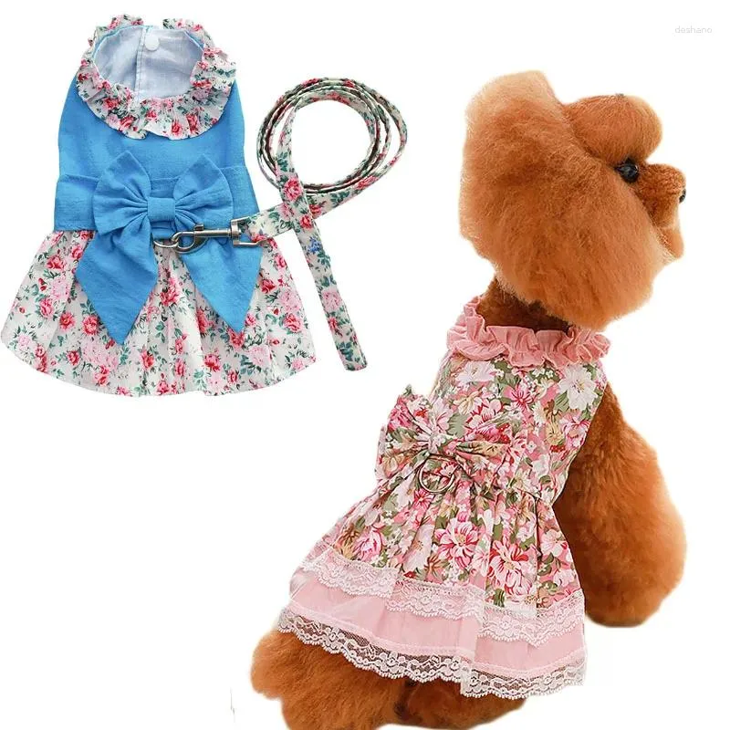 Hondenkleding Gebloemde jurk met strik Zomerkleding Roze Blauw Puppy Kat Shirt Rok Aangelijnd Set Huisdier Galajurken Voor kleine honden Chihuahua