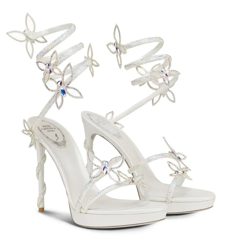 2024 Elegant Renecaovilla Women Heel Dress Shoe Margot Crystal Sandals Shoes Snake Wrapped High Heels Fjärilar Strappy Party Wedding Lady Party Walking Shoes