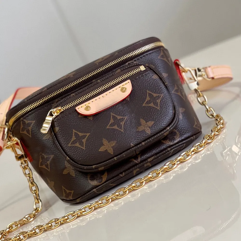 Real leather mini designer bag shoulder purse front small pockets mirror quality women chain cross body mini bumbag girl cute luxury bag strap detachable adjustable