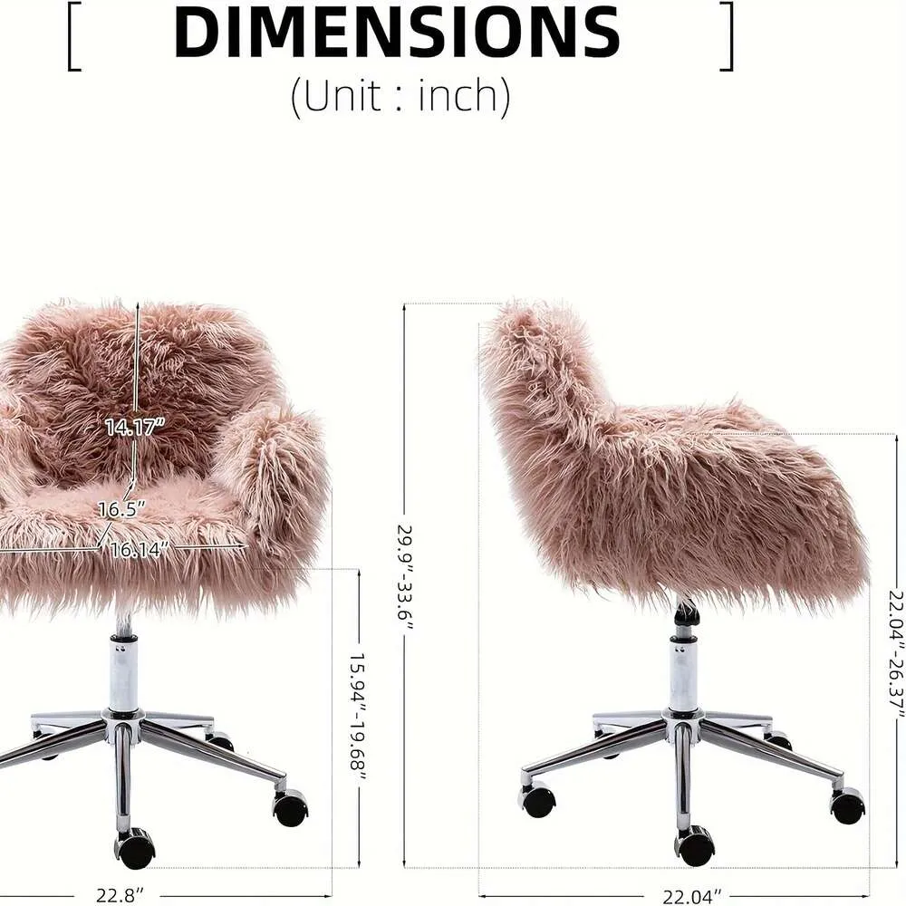 Cute Pink Furry with Wheels, Faux Fur Swivel Desk Comfortable Makeup Vanity Chair, Height Adjustable Dressing Rolling Chair for Bedroom Living Room Office