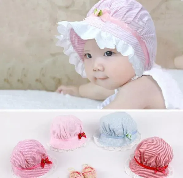 Cute Baby Caps Lovely Lace Bowknot Summer Girl Hat Children's Baby Striped Sun Hat Cap for Kid Chirldren G822