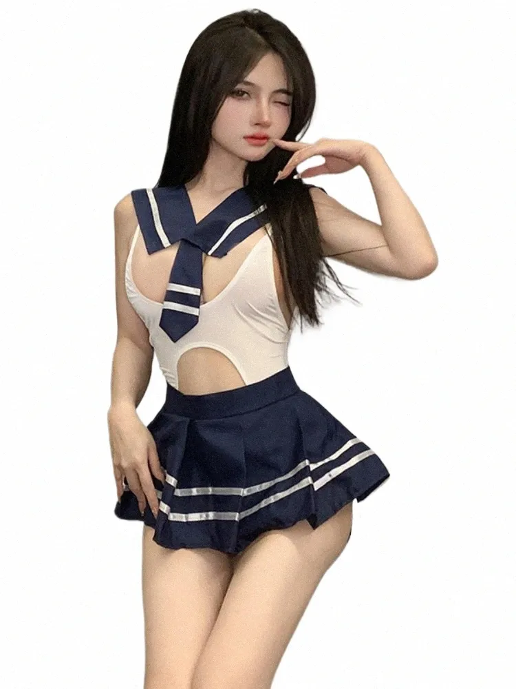 Plus Size Sexy School Girl Lingerie Cosplay Costumi esposti Babydoll Uniforme Gioco di ruolo erotico Nightdr Hollow Biancheria intima e0T2 #