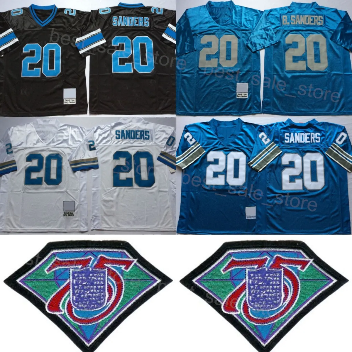 Throwback Football Vintage 20 Barry Sanders Jersey 1994 Retro 75th Anniversary Team Color Black Blue White Brodery and Sying for Sport Fans High Quality