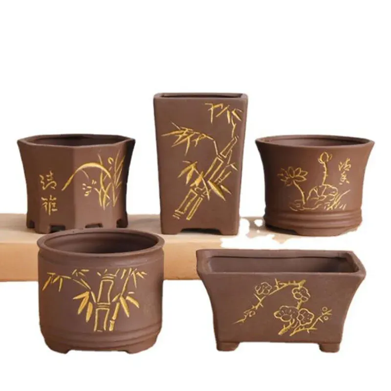 Sadza Purple Clay Suwolent Plant Flowerpot Czysty ręcznie robiony ceramiczny retro kwiatowy garnek Bambus Lotus Złota Złotem Wazon Balkon Wystrój domu