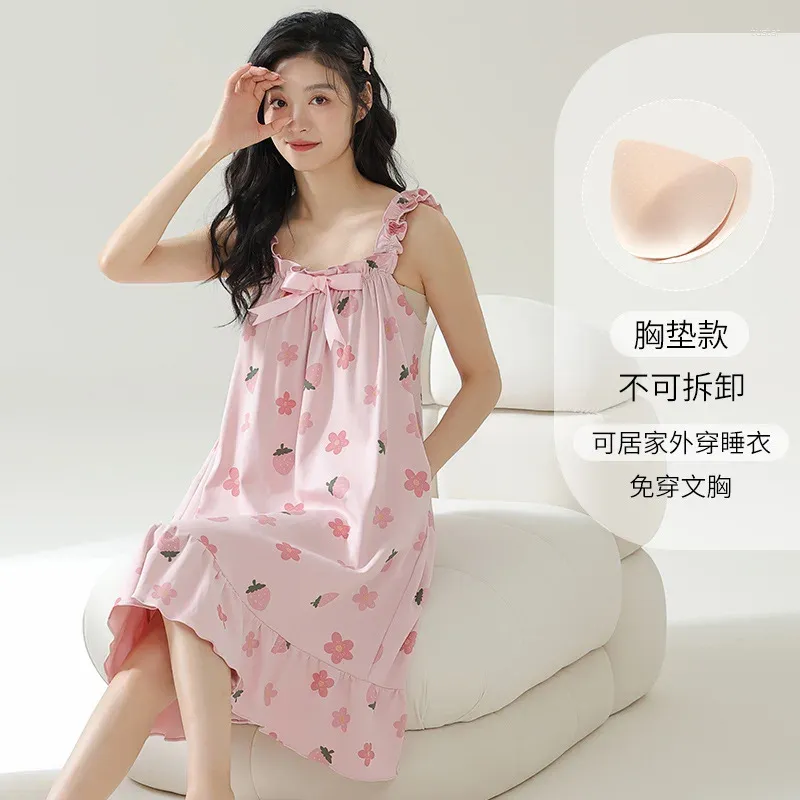 Kvinnors sömnkläder Cotton Camisole Nightgown for Women Sweet Bow och blommor fragment kan bäras externt med ett löst bröstkudde hemslitage