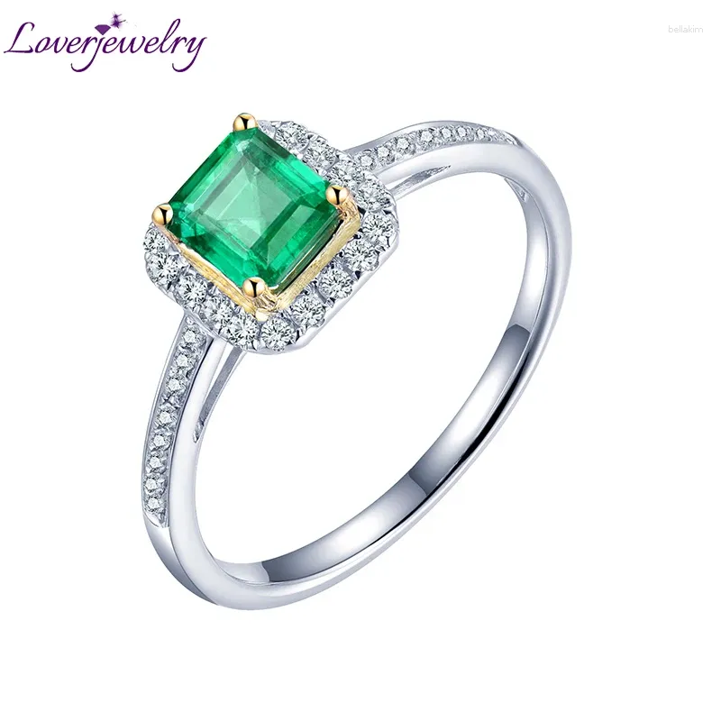 Cluster Rings LOVERJEWELRY Natural Emerald For Woman 18K White Gold Rectangle Cut Two Tone Diamonds Ring Party Jewelry Gift