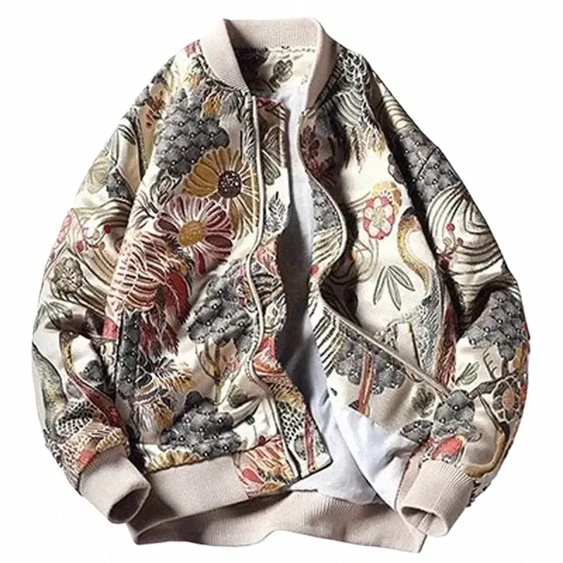 Japon Style Hommes Floral Grue Broderie Bomber Veste Col Montant Hommes Streetwear Collège Baseball Vestes Automne Manteau U0zU #