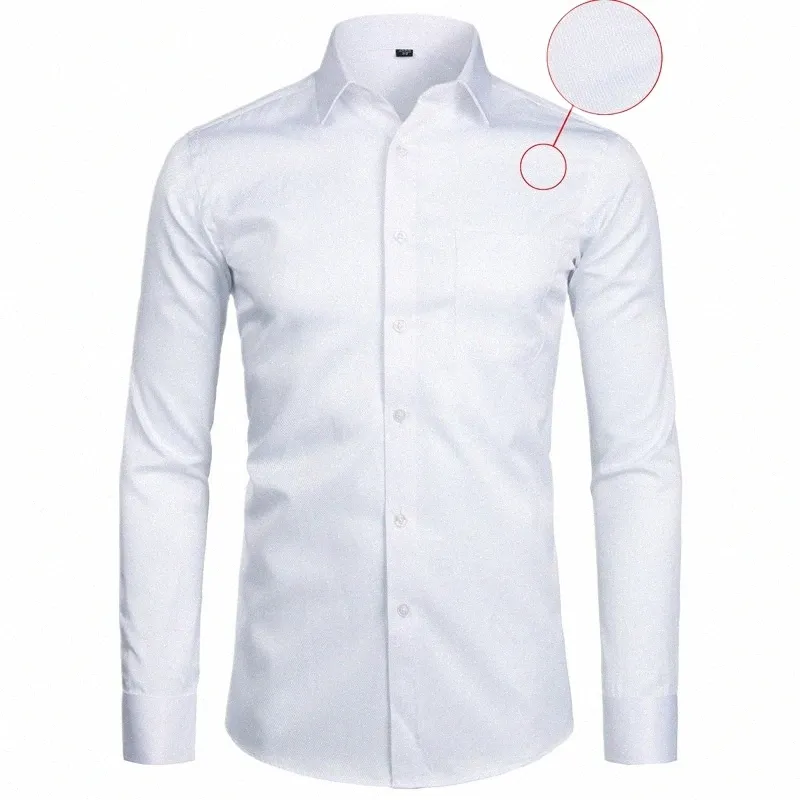 Wit Busin Dr Shirt Mannen Fi Slim Fit Lg Mouw Soild Casual Shirts Heren Werken Kantoorkleding Shirt Met Zak s-8XL q17d #