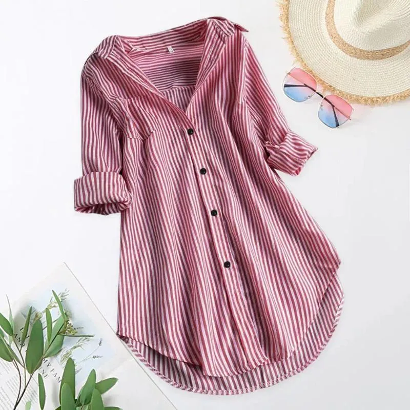 Women's Blouses Women Tunic Shirt Striped Long-sleeves V Neck Mid Long Turn-down Collar Loose Casual Summer Elegant Ladies Button Blouse Top