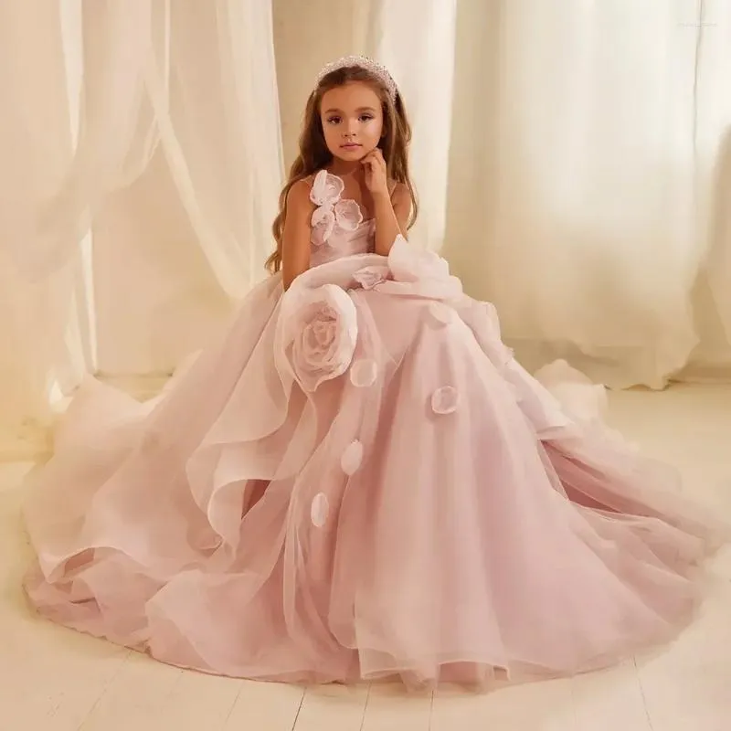 Girl Dresses Exquisite Ruched Flowers Pink O-Neck Floor Length Sweep Train Ball Gowns Wedding Party Pageant For Girls