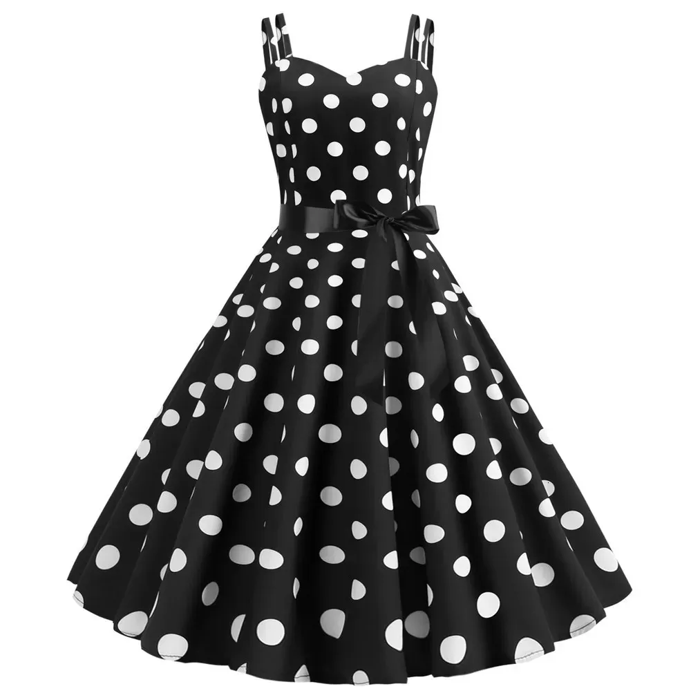 Femmes été à pois imprimé Robe de soirée Femme noir rétro Vintage Swing bal Rockabilly robes mi-longues vestidos 240321