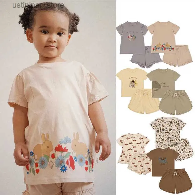 Thirts Kids Comply Girls KS Brand 2023 New Summer Boys T-Shirt + Shorts Cherry Cartoon Print Short Sleeve Tops Cotton Baby Outfit Set24328