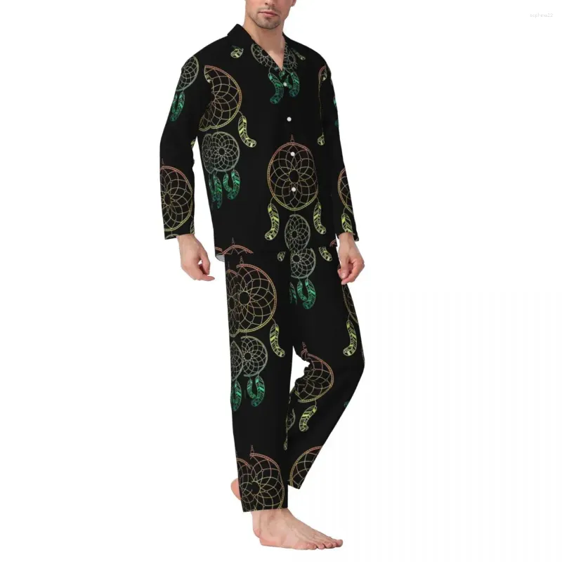 Casa roupas boho dream catcher pijamas masculino retro impressão moda diária pijamas outono 2 peça solto oversized conjuntos de pijama personalizado