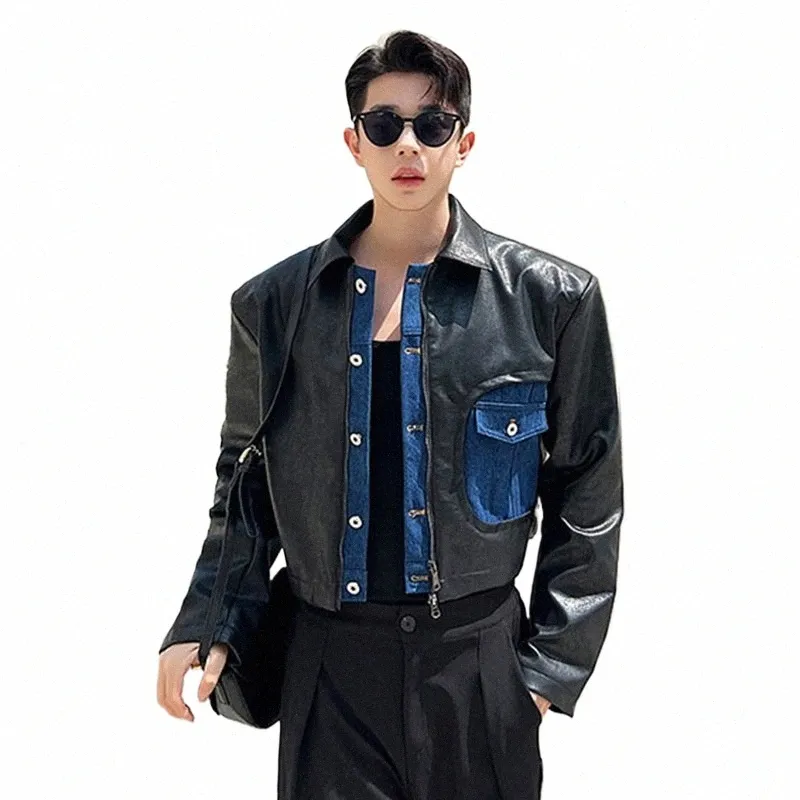 IEFB Джинсовая лоскутная кожаная куртка Trend Men Fi Niche Designer Повседневная корейская стильная уличная одежда 2023 Новинка 9C2421 406V #