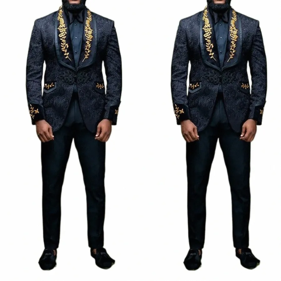 Black Jacquard Men passar skräddarsydda 2 stycken Blazer byxor en rumpa guldapplikationer bröllop brudgum busin kausal prom skräddarsydd l4i3#