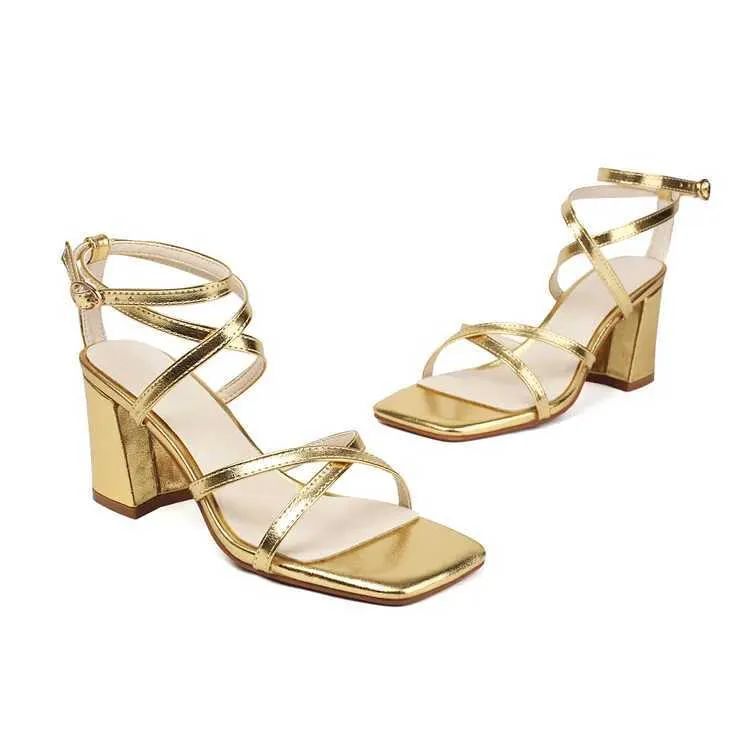 Sandalen Chanmeb Gold Schmalband Gladiator Damen Dicke High Heels Kreuzschnalle Schuhe Silber Knöchelwickel H240328OVM9