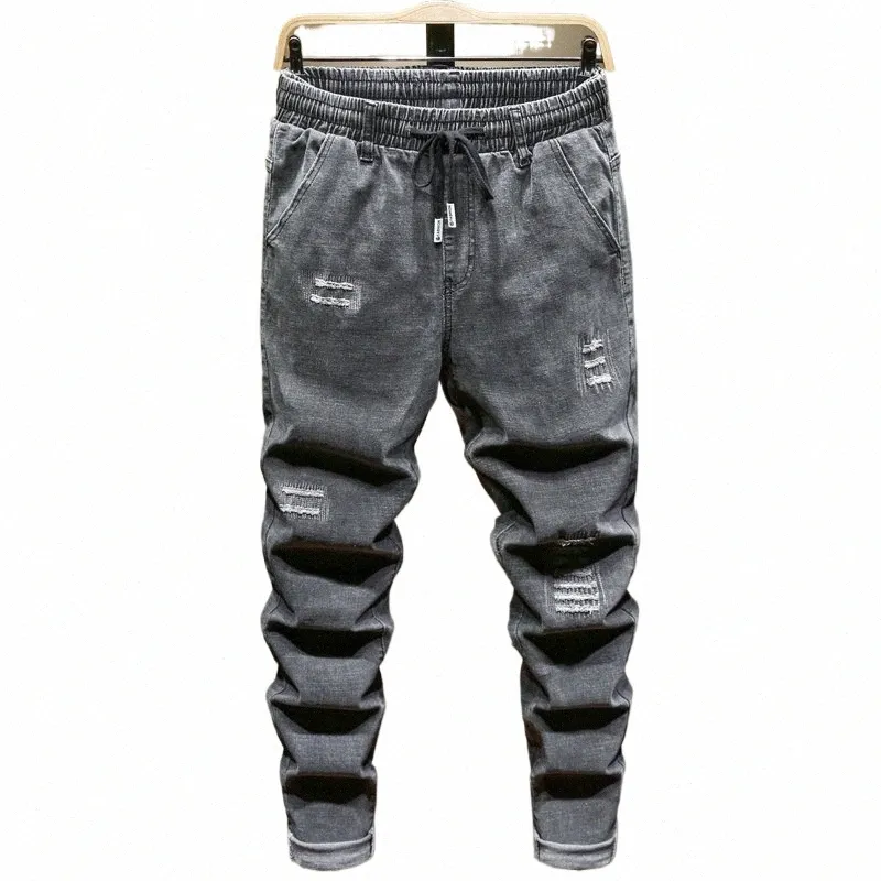 2023 Lente Nieuwe Mannen Grote Maat Gescheurde Grijze Jeans Trekkoord Ontwerp Stretch Denim Broek Mannelijke Merk 5XL 6XL 7XL 8XL 9XL 10XL L3ni #