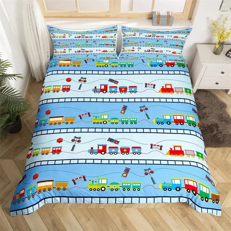 Bedding Sets Kids Cartoon Train Duvet Cover Set Toy Car Polyester Multicolor Vehicles Comforter Single Twin For Boys Teens