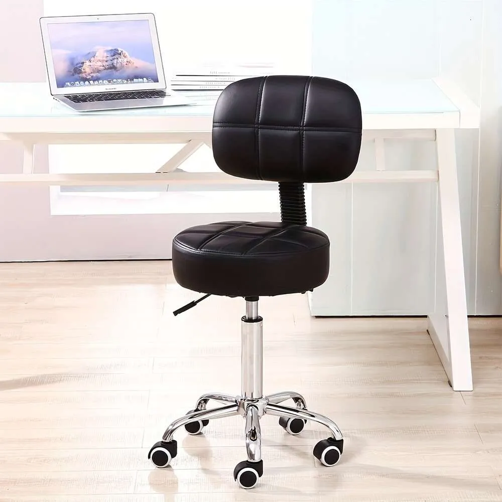 Czarny okrągły stołek z tyłu PU skórzana wysokość regulowana obrotowa robota szarpiąca stołek Salon Salon krzesło z kółkami