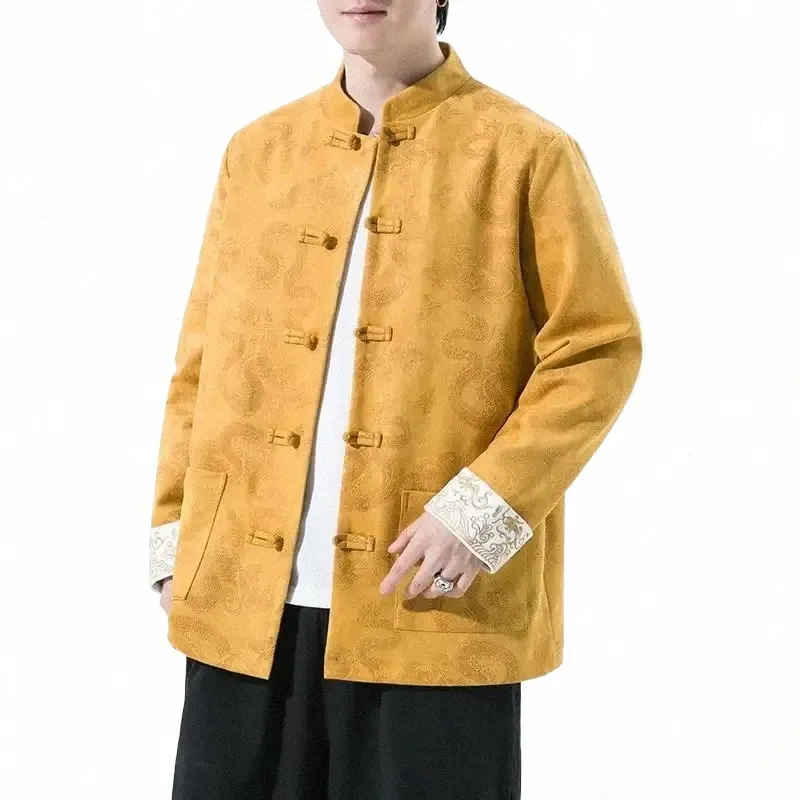 Outono e inverno estilo chinês masculino fi camurça jacquard arraste tang terno hanfu grande solto jaqueta casaco masculino 84uv #