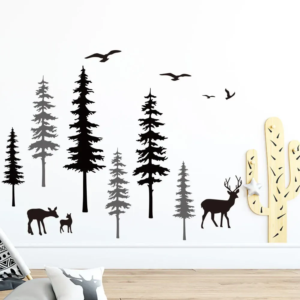 Adesivi Foresta nordica Albero Decalcomania da muro con cervo Uccello Pino Elfo Baby Nursery Wall Stickers Nursery Vinile Decalcomanie Murale Home Decor B949