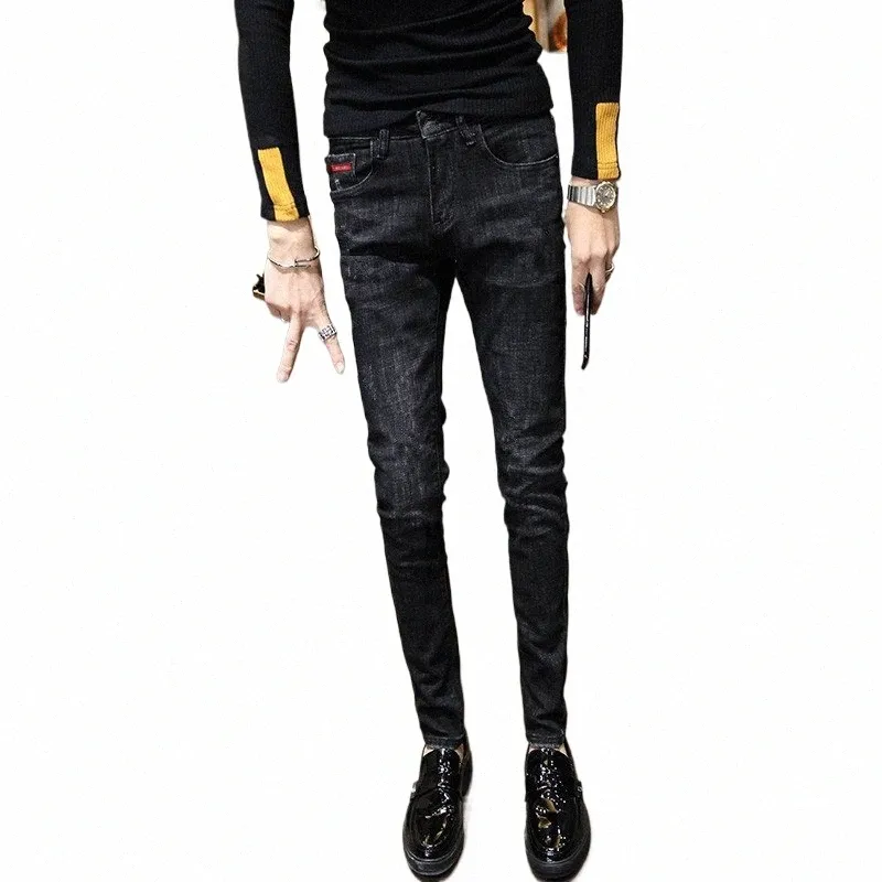 Wiosenna jesień streetwear Rubed Cowboy Solid Dżins Tight Men's Clothing Classic Black Korean Fi Luksusowe spodnie społeczne Z5ZM#