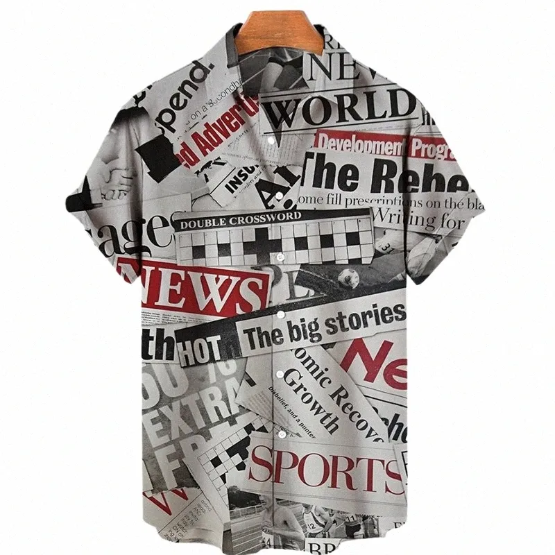 Męska koszula retro dla mężczyzn Vintage News Papers 3D Printed Lapel Hawaiian Shirts swobodne krótkie topy męskie koszule c4tz#