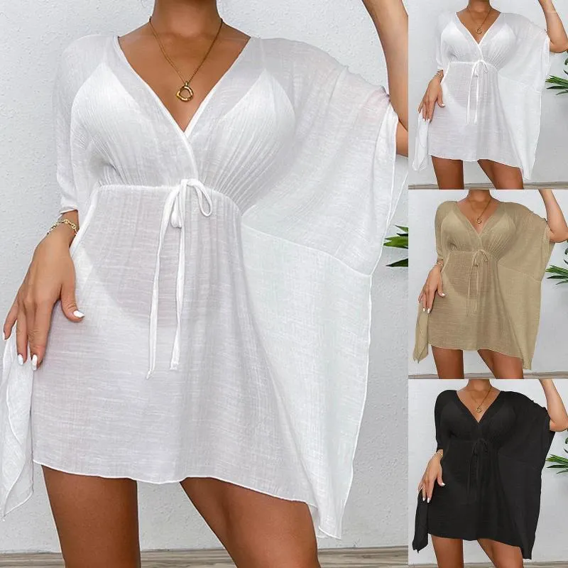 Sexy col en v été robe de Plage blanc coton tunique maillots de bain femme Bikini cache-up Sarong Plage maillot de bain couvrir