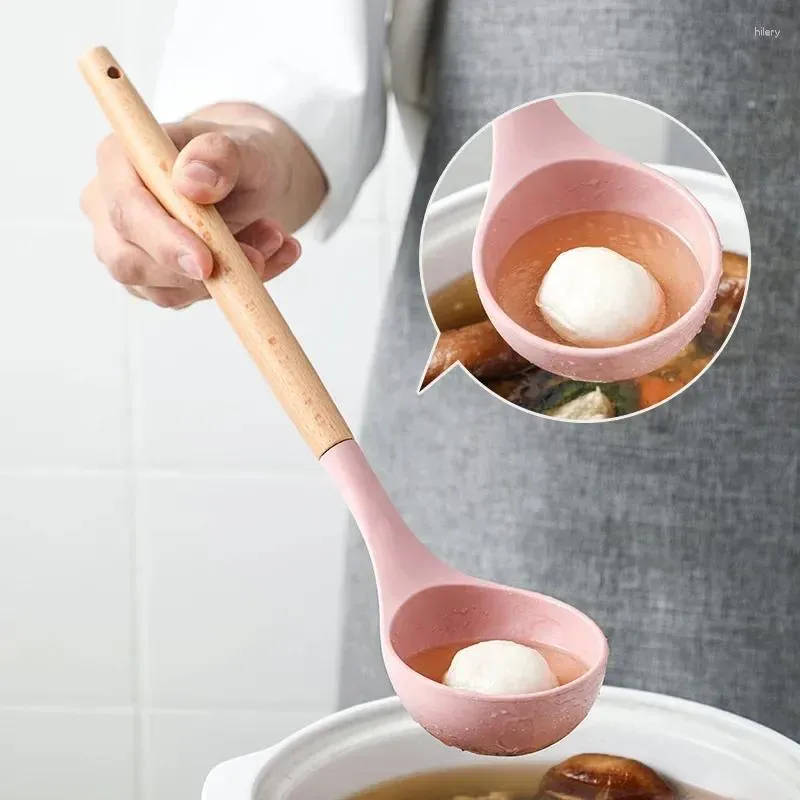 Spoons Nonstick Silicone Ladle Soup Spoon With Wooden Handle Heat Resistant Porridge Rice Cooking Mixing Serving