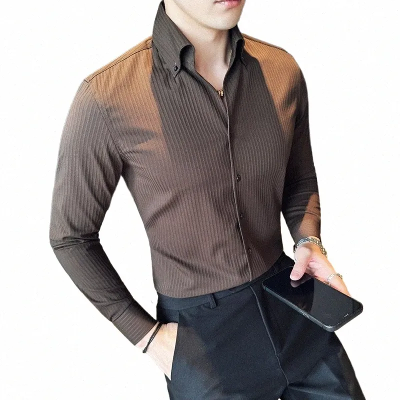 Chemises Dr à rayures de printemps pour hommes / Chemise à manches Lg à col en V de haute qualité pour hommes / Chemises de luxe pour hommes de marque u0t6 #