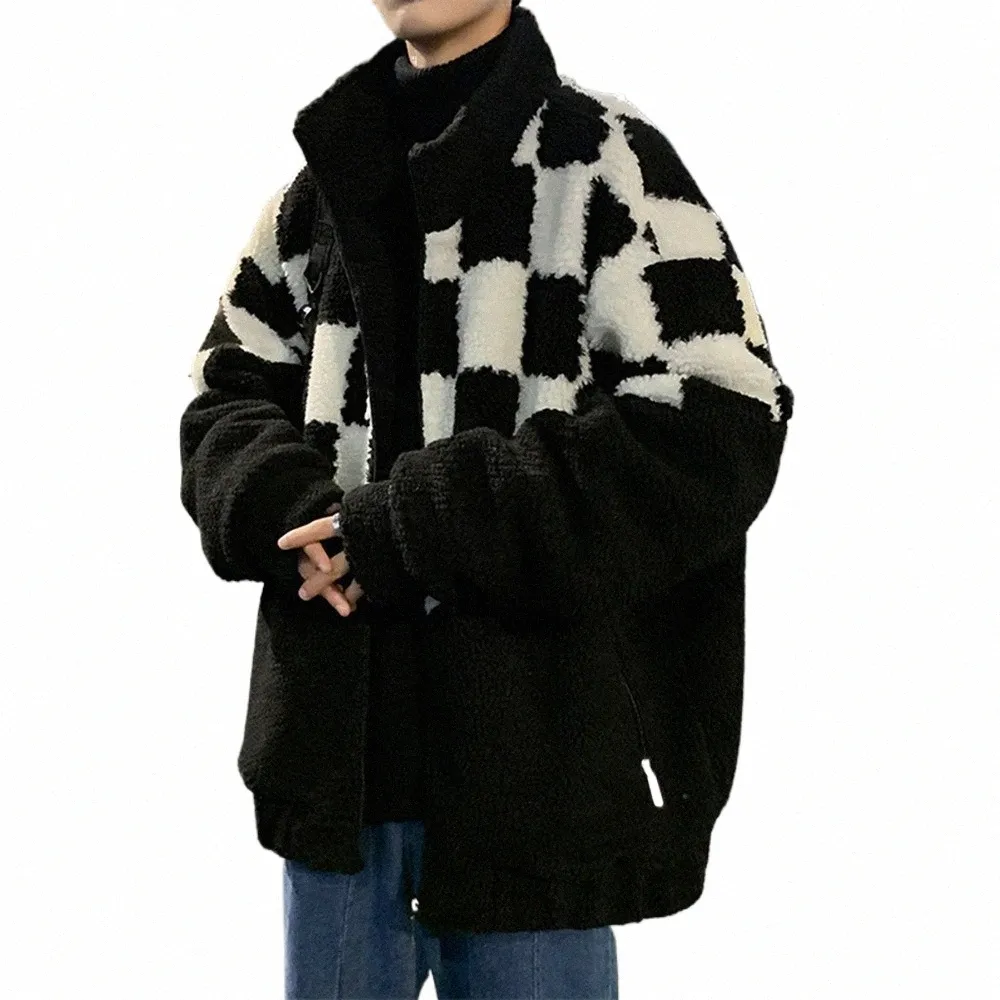Inverno engrossar xadrez costura sherpa casaco homens jaqueta tendência cott roupas amantes gola manter quente confortável solto u0bg #